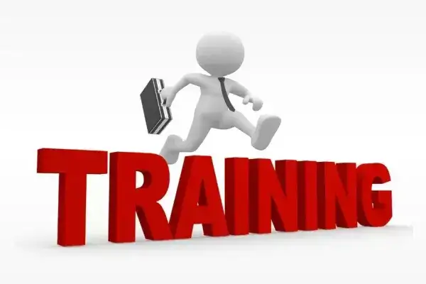 White cartoon figure stepping confidently over large block letters spelling "TRAINING."